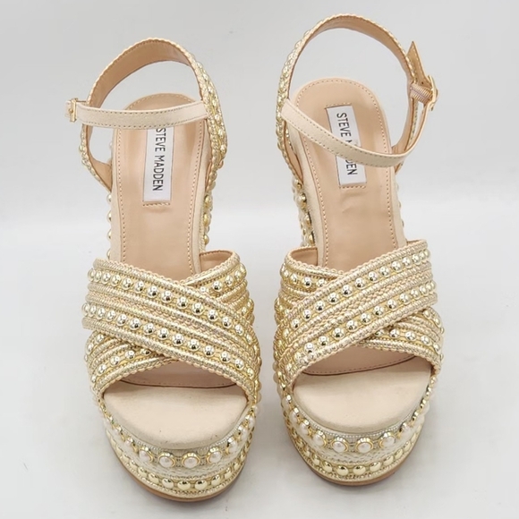 Steve Madden Juniper Raffia Platform Gold Pearls Accent Wedge Sandals Size 11. - Picture 3 of 16